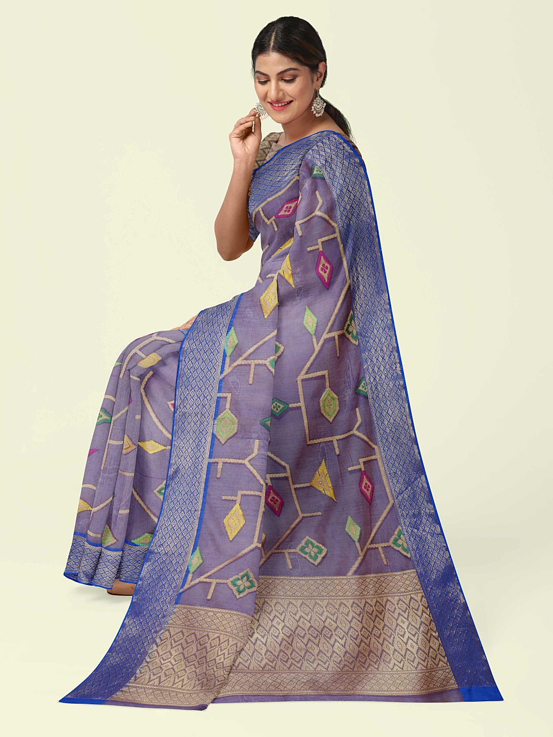 Faishana Presents Blue Cotton Geometrical Pattern With Blue Border And Blue Blouse Banarasi Saree