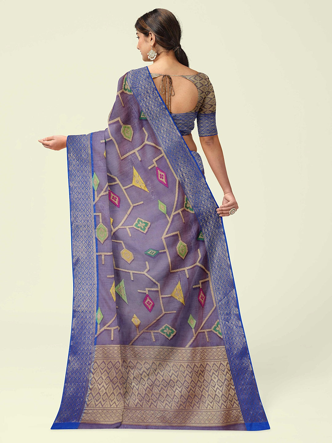 Faishana Presents Blue Cotton Geometrical Pattern With Blue Border And Blue Blouse Banarasi Saree