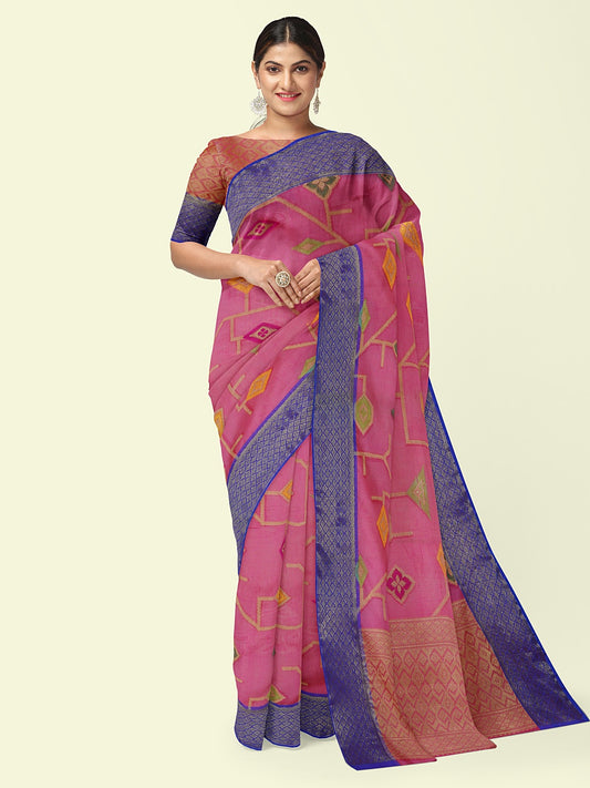 Faishana Presents Pink Green Cotton Tilfi Jaal Booti Blue Border With Pink Blouse Banarasi Saree