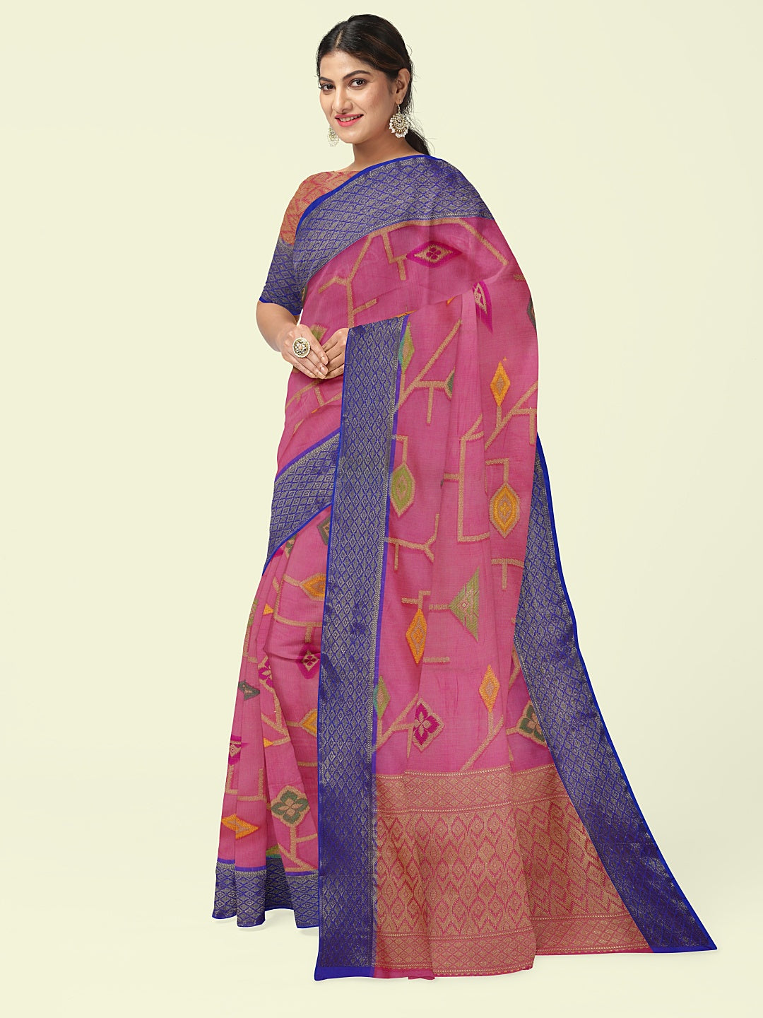 Faishana Presents Pink Green Cotton Tilfi Jaal Booti Blue Border With Pink Blouse Banarasi Saree