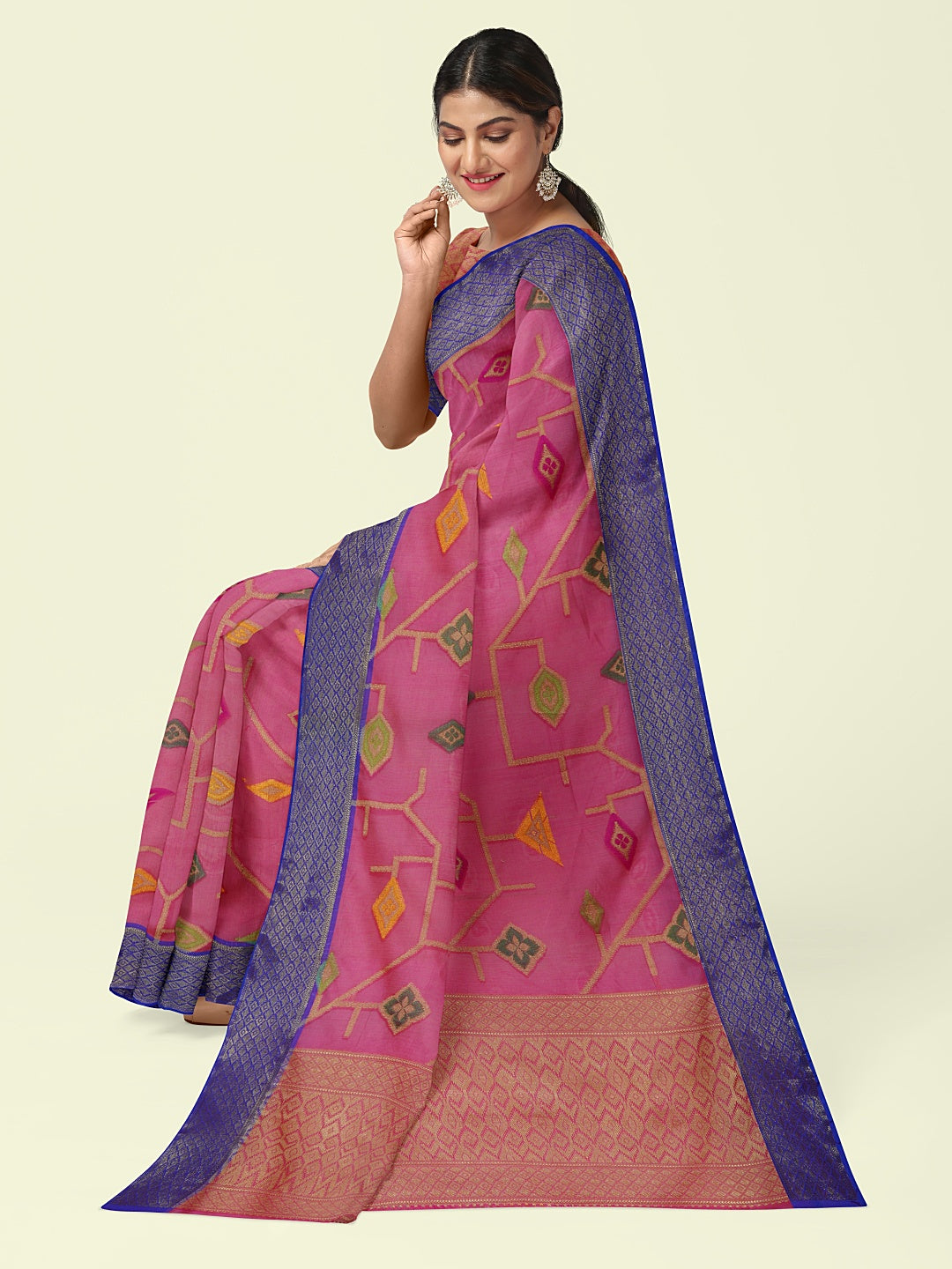 Faishana Presents Pink Green Cotton Tilfi Jaal Booti Blue Border With Pink Blouse Banarasi Saree