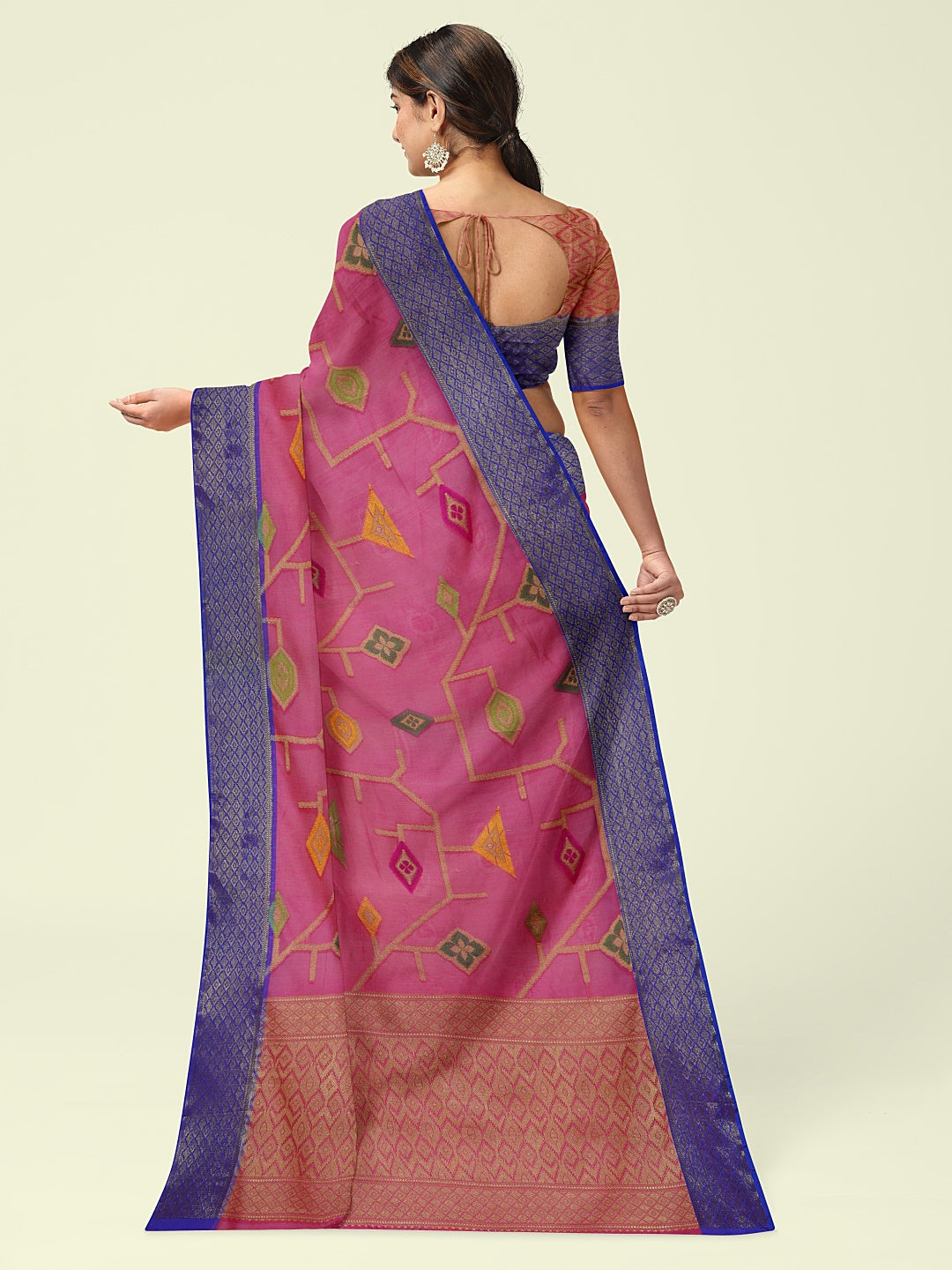 Faishana Presents Pink Green Cotton Tilfi Jaal Booti Blue Border With Pink Blouse Banarasi Saree