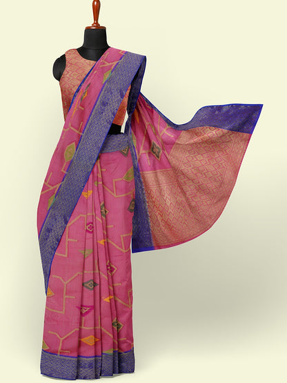 Faishana Presents Pink Green Cotton Tilfi Jaal Booti Blue Border With Pink Blouse Banarasi Saree