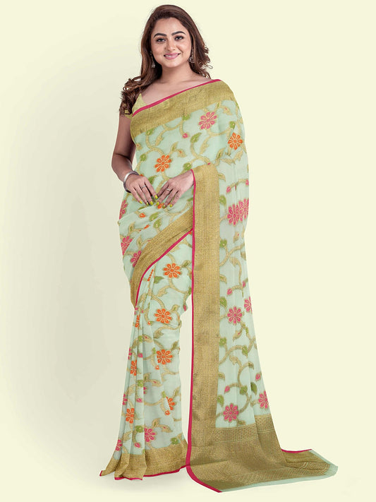 Faishana Presents Green Cotton Tilfi Jaal Booti Beige Border With Beige Blouse Banarasi Saree