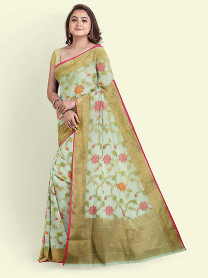 Faishana Presents Green Cotton Tilfi Jaal Booti Beige Border With Beige Blouse Banarasi Saree