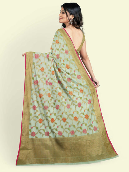 Faishana Presents Green Cotton Tilfi Jaal Booti Beige Border With Beige Blouse Banarasi Saree