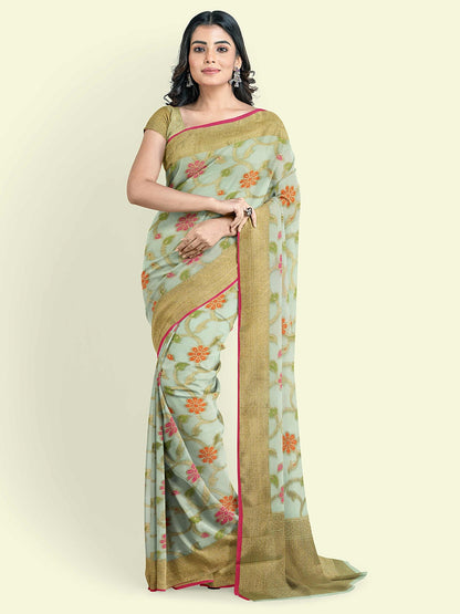 Faishana Presents Green Cotton Tilfi Jaal Booti Beige Border With Beige Blouse Banarasi Saree