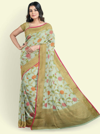 Faishana Presents Green Cotton Tilfi Jaal Booti Beige Border With Beige Blouse Banarasi Saree