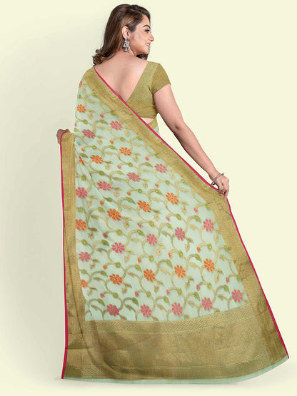 Faishana Presents Green Cotton Tilfi Jaal Booti Beige Border With Beige Blouse Banarasi Saree