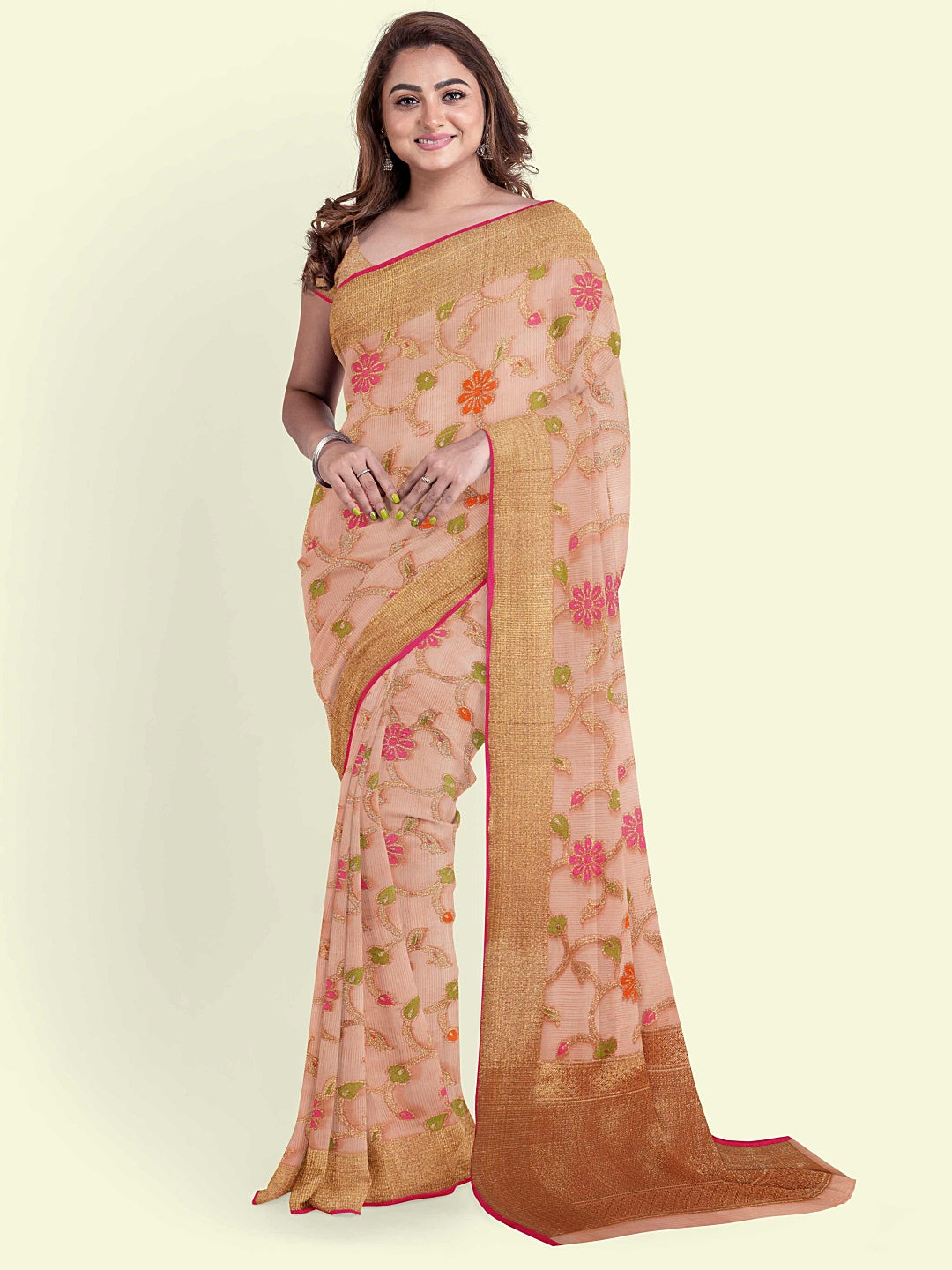 Faishana Presents Peach Cotton Alfi Jaal Floral Booti Beige Border With Pink Blouse Banarasi Saree