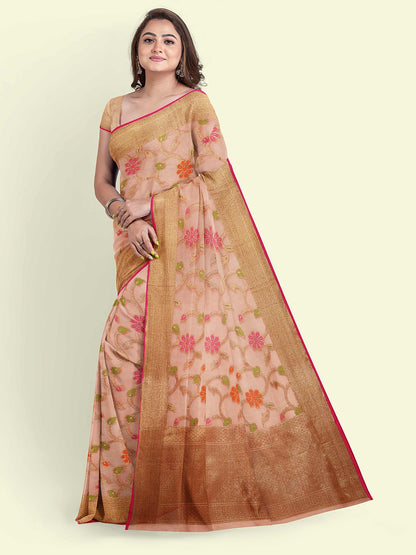 Faishana Presents Peach Cotton Alfi Jaal Floral Booti Beige Border With Pink Blouse Banarasi Saree