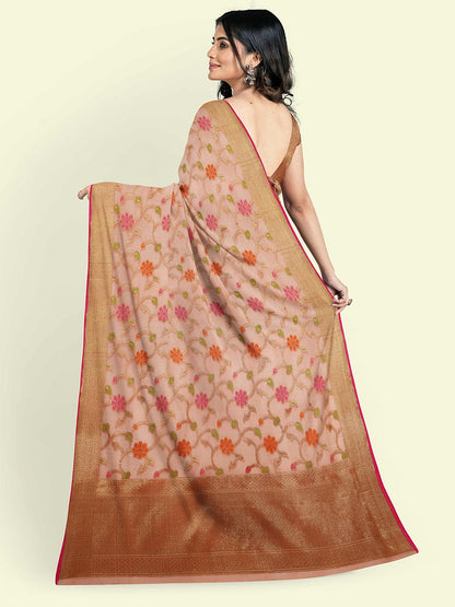 Faishana Presents Peach Cotton Alfi Jaal Floral Booti Beige Border With Pink Blouse Banarasi Saree