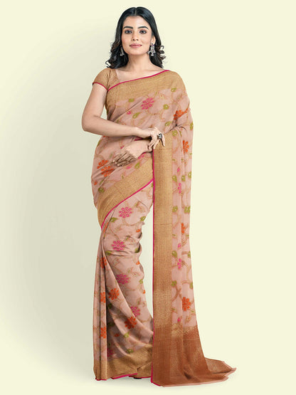 Faishana Presents Peach Cotton Alfi Jaal Floral Booti Beige Border With Pink Blouse Banarasi Saree