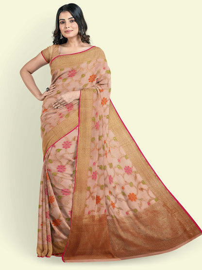 Faishana Presents Peach Cotton Alfi Jaal Floral Booti Beige Border With Pink Blouse Banarasi Saree