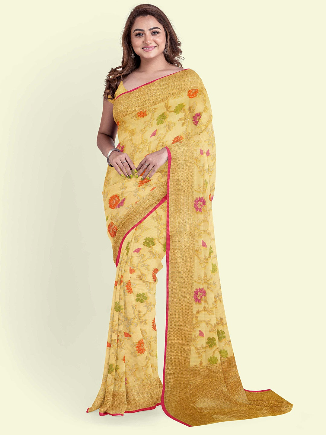 Faishana Presents Yellow Cotton Alfi Jaal Floral Booti Yellow Border With Yellow Blouse Banarasi Saree