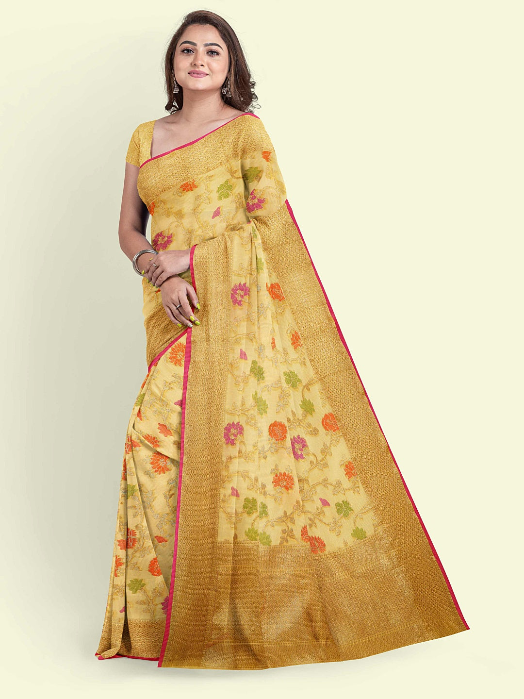 Faishana Presents Yellow Cotton Alfi Jaal Floral Booti Yellow Border With Yellow Blouse Banarasi Saree