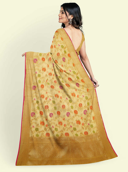 Faishana Presents Yellow Cotton Alfi Jaal Floral Booti Yellow Border With Yellow Blouse Banarasi Saree