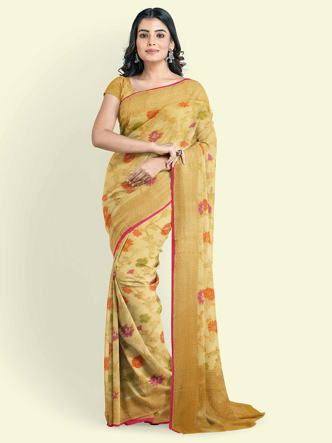 Faishana Presents Yellow Cotton Alfi Jaal Floral Booti Yellow Border With Yellow Blouse Banarasi Saree