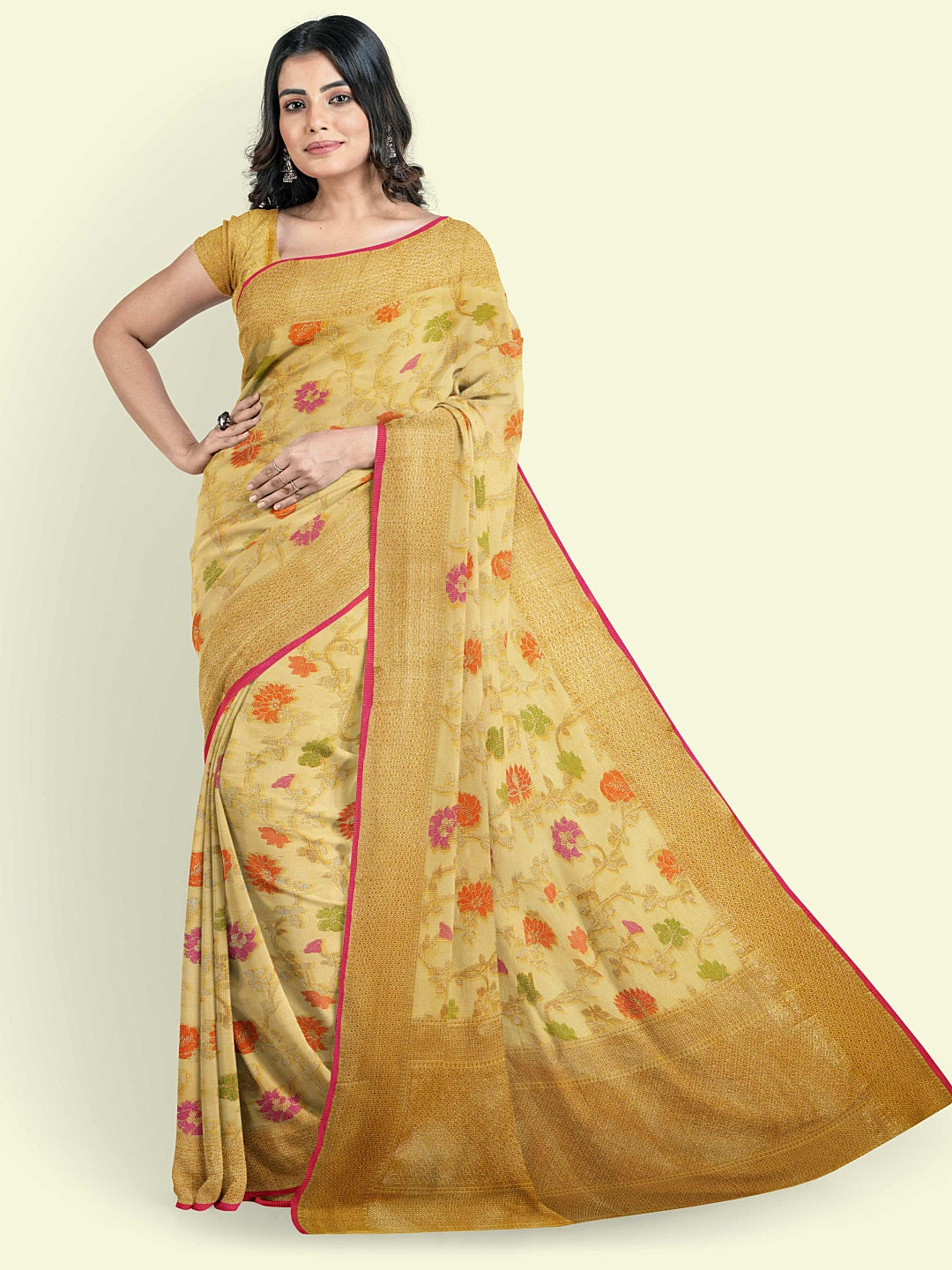 Faishana Presents Yellow Cotton Alfi Jaal Floral Booti Yellow Border With Yellow Blouse Banarasi Saree