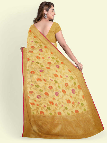 Faishana Presents Yellow Cotton Alfi Jaal Floral Booti Yellow Border With Yellow Blouse Banarasi Saree