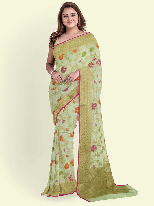 Faishana Presents Green Cotton Abstarct Design With Green Blouse Banarasi Saree