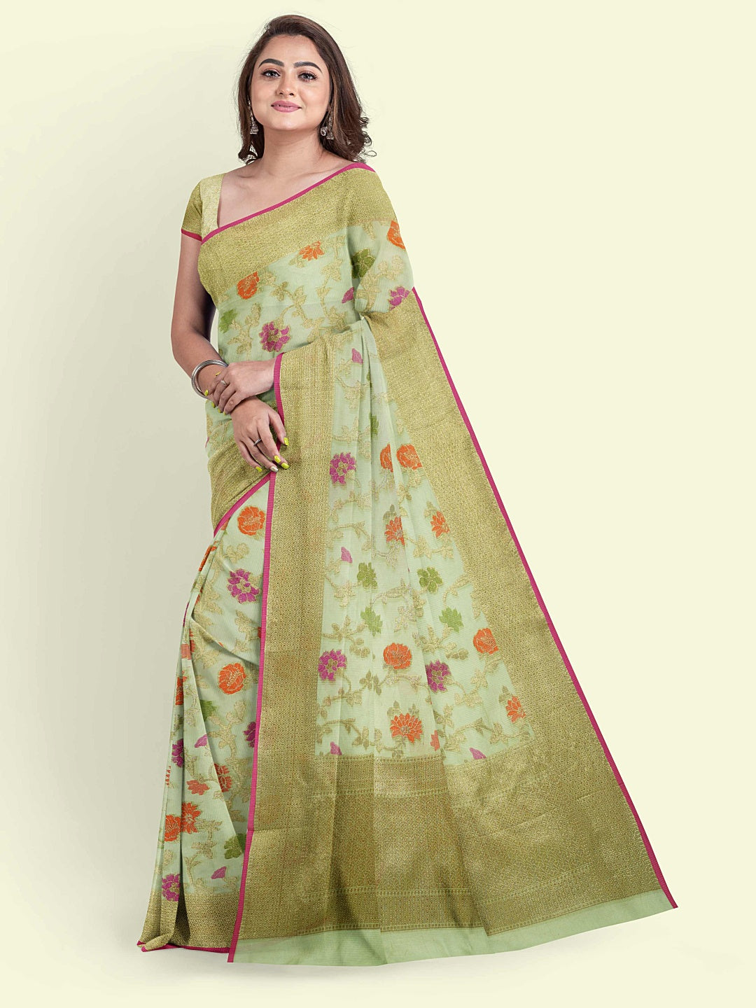 Faishana Presents Green Cotton Abstarct Design With Green Blouse Banarasi Saree
