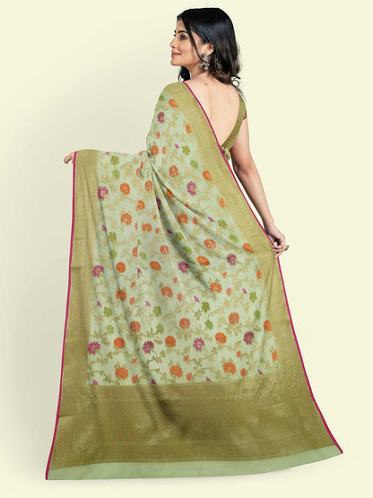 Faishana Presents Green Cotton Abstarct Design With Green Blouse Banarasi Saree