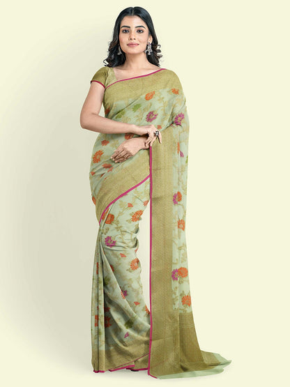 Faishana Presents Green Cotton Abstarct Design With Green Blouse Banarasi Saree
