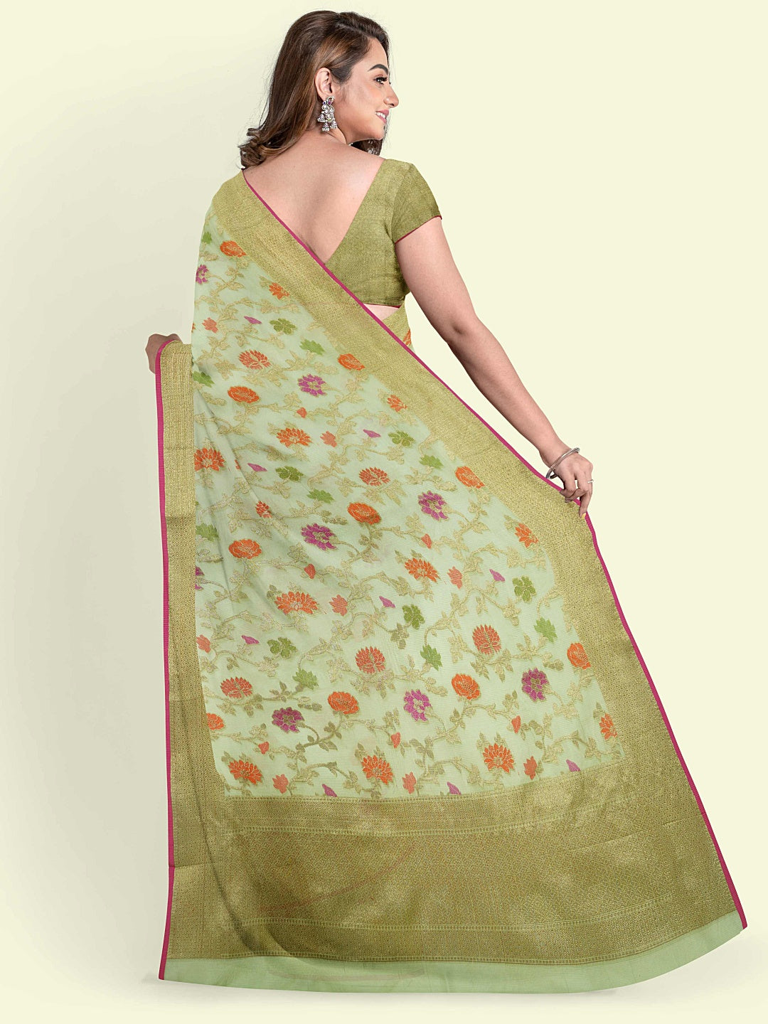 Faishana Presents Green Cotton Abstarct Design With Green Blouse Banarasi Saree