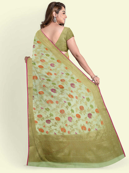 Faishana Presents Green Cotton Abstarct Design With Green Blouse Banarasi Saree