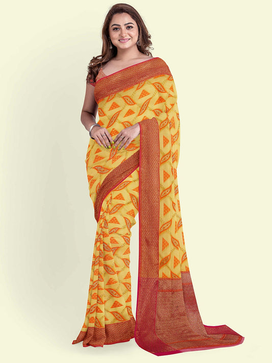 Faishana Presents Yellow Cotton Abstarct Design With Pink Blouse Banarasi Saree