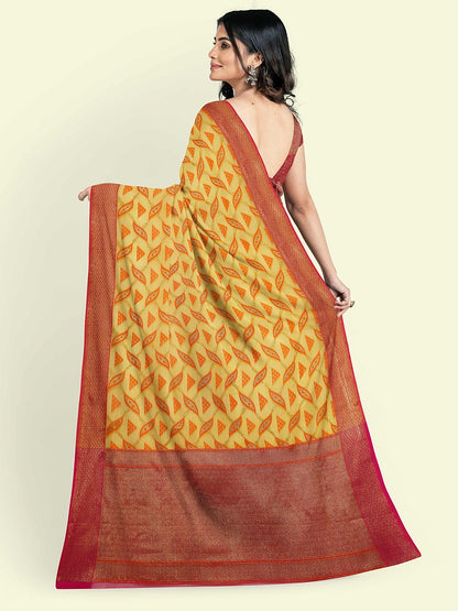Faishana Presents Yellow Cotton Abstarct Design With Pink Blouse Banarasi Saree