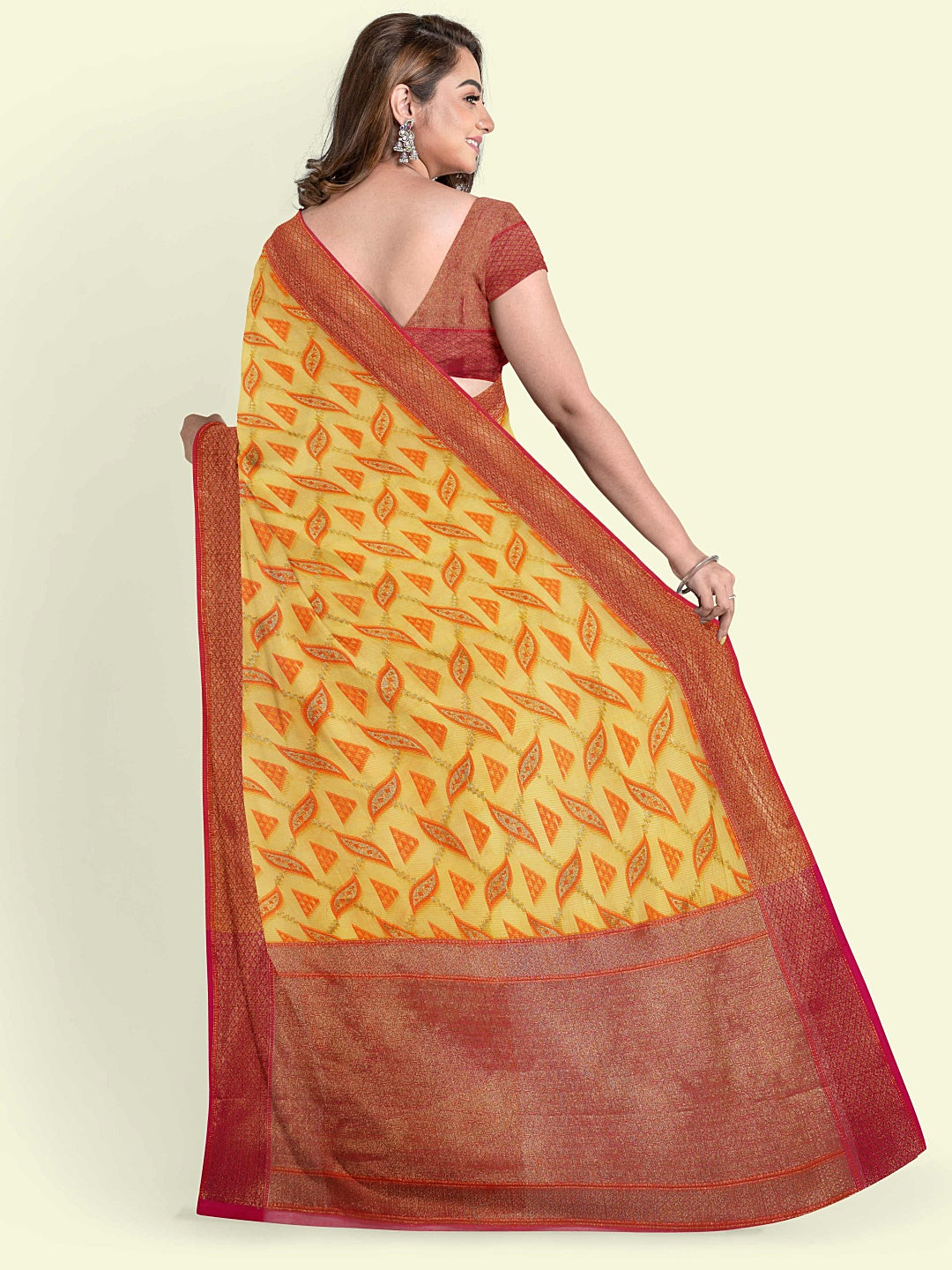 Faishana Presents Yellow Cotton Abstarct Design With Pink Blouse Banarasi Saree