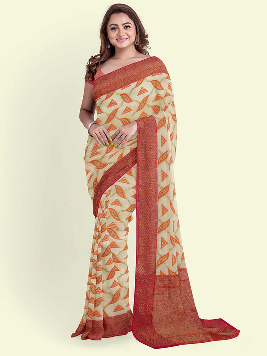 Faishana Presents Beige Cotton Abstarct Design With Red Blouse Banarasi Saree