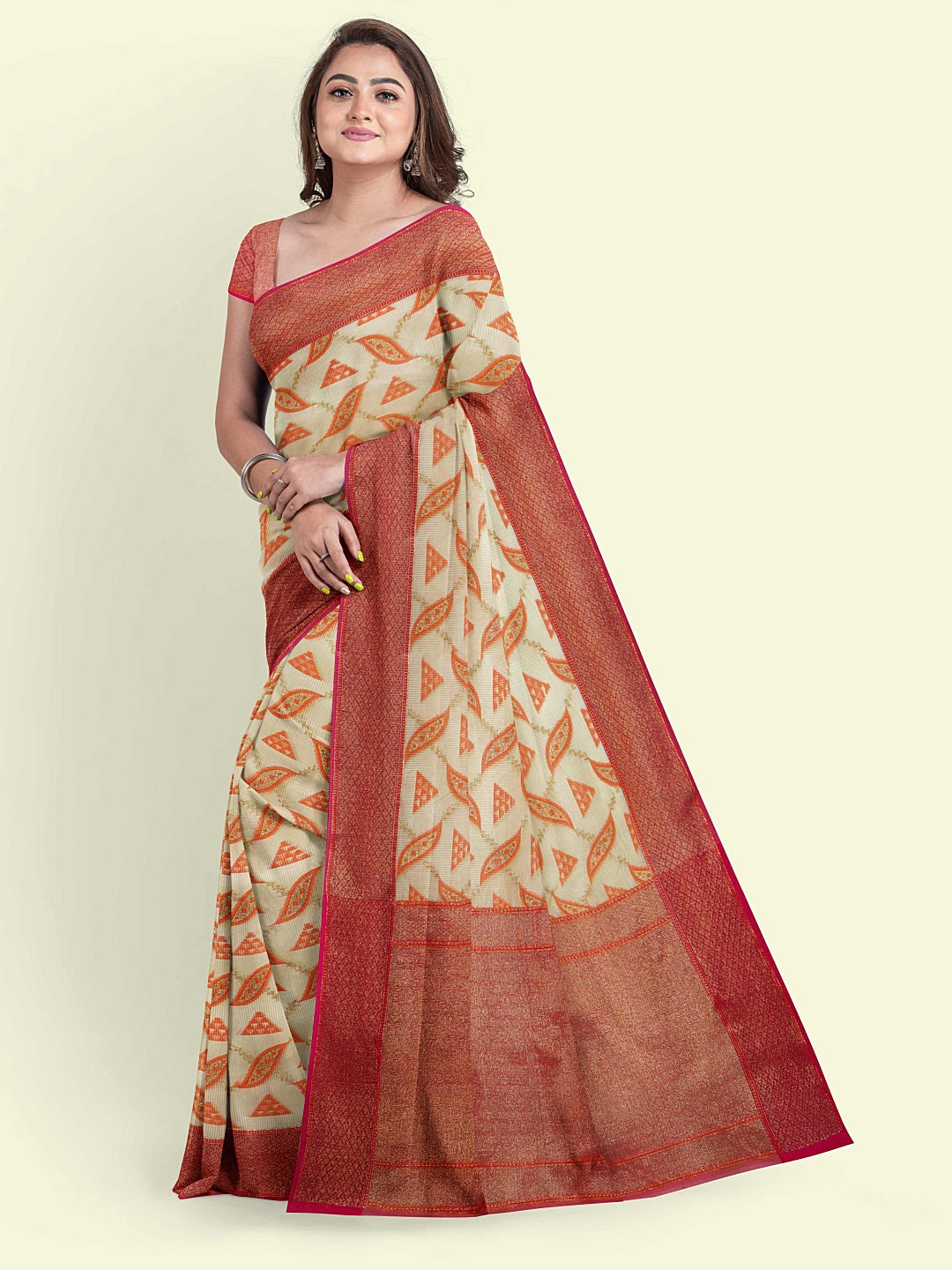 Faishana Presents Beige Cotton Abstarct Design With Red Blouse Banarasi Saree