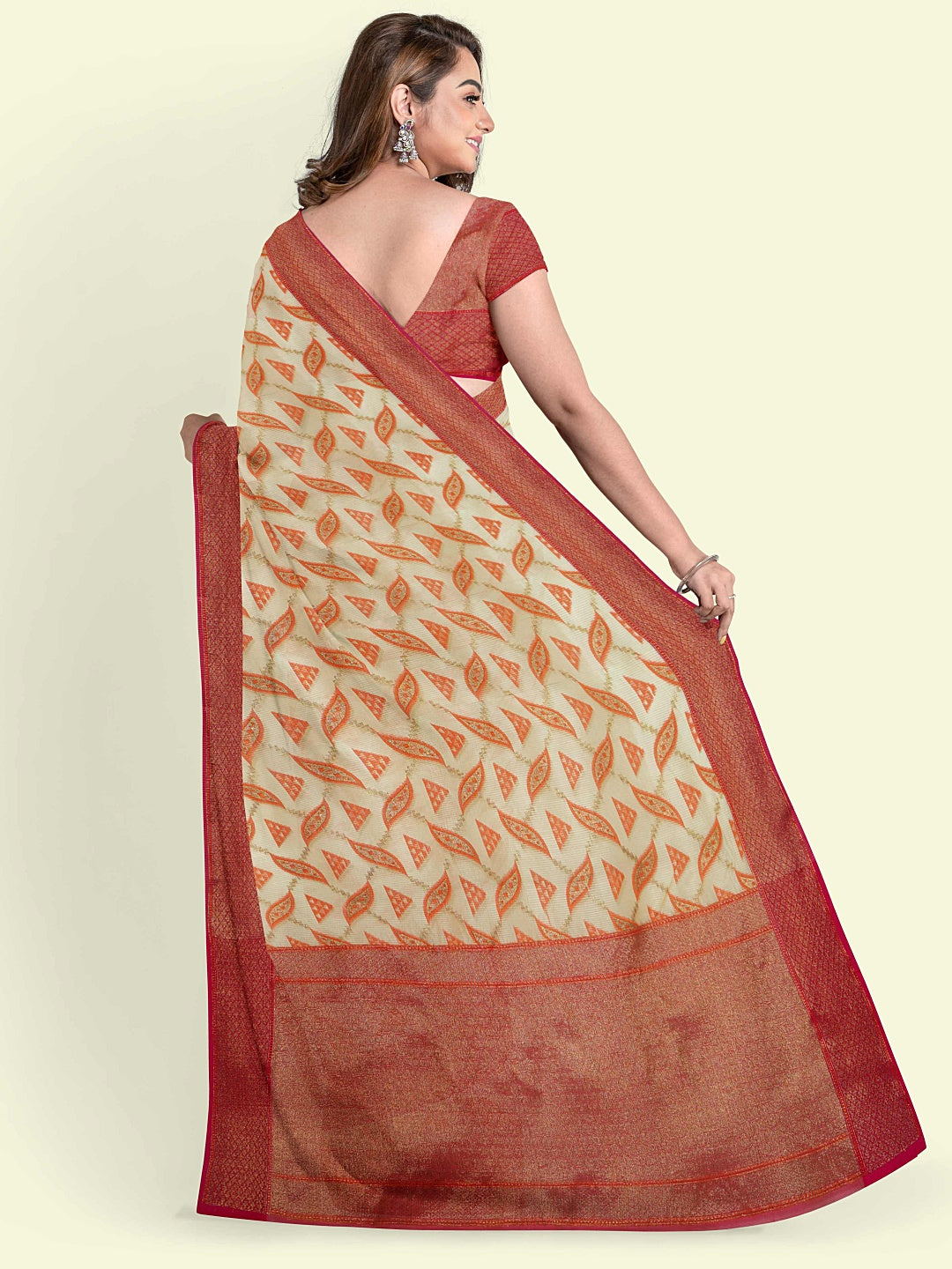 Faishana Presents Beige Cotton Abstarct Design With Red Blouse Banarasi Saree