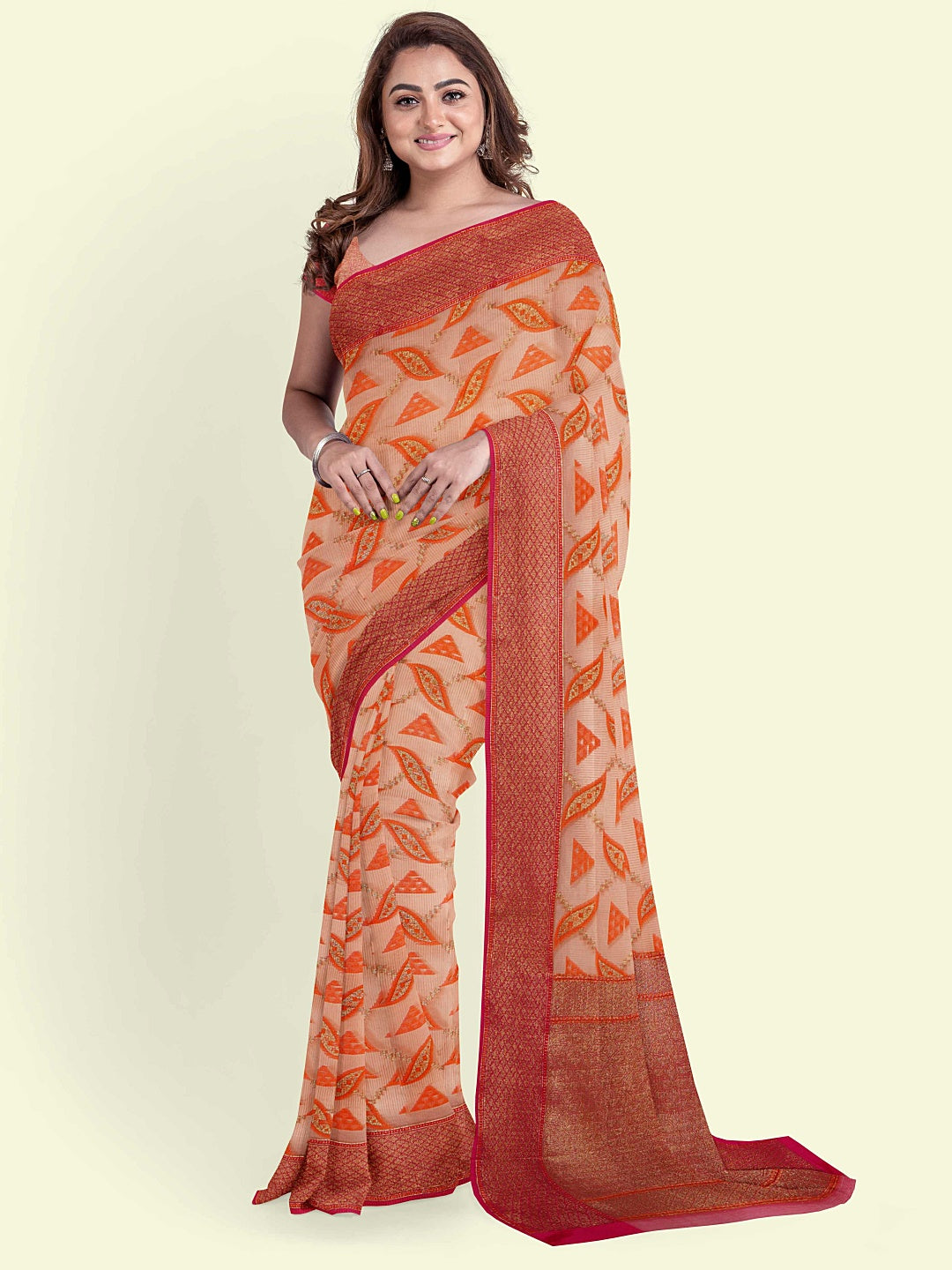 Faishana Presents Peach Green Cotton Abstarct Design With Pink Blouse Banarasi Saree