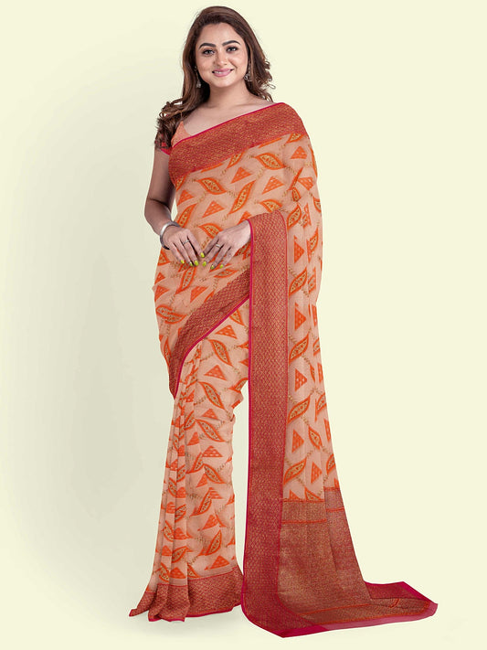 Faishana Presents Peach Green Cotton Abstarct Design With Pink Blouse Banarasi Saree