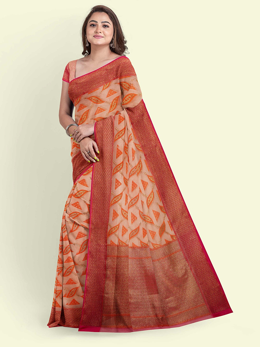 Faishana Presents Peach Green Cotton Abstarct Design With Pink Blouse Banarasi Saree