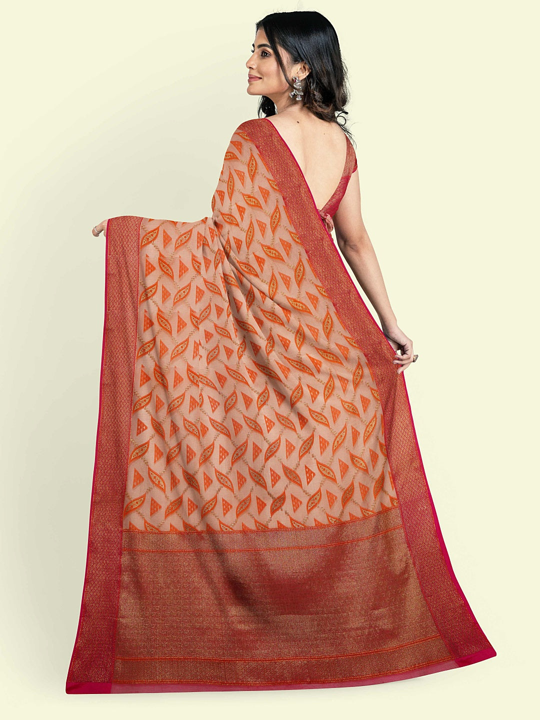 Faishana Presents Peach Green Cotton Abstarct Design With Pink Blouse Banarasi Saree