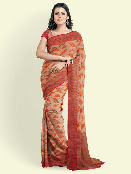 Faishana Presents Peach Green Cotton Abstarct Design With Pink Blouse Banarasi Saree