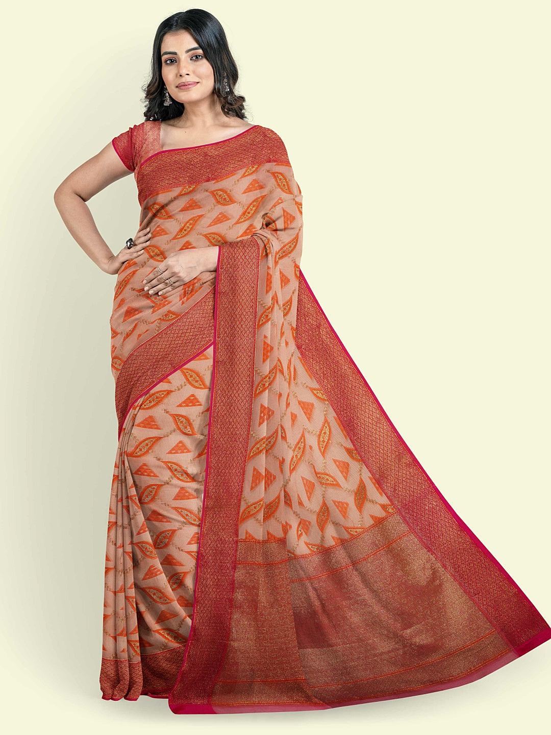 Faishana Presents Peach Green Cotton Abstarct Design With Pink Blouse Banarasi Saree