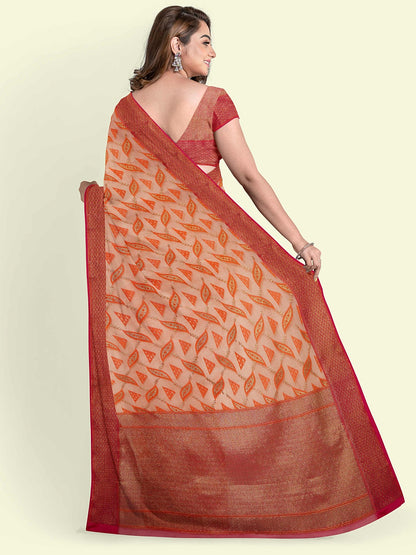 Faishana Presents Peach Green Cotton Abstarct Design With Pink Blouse Banarasi Saree