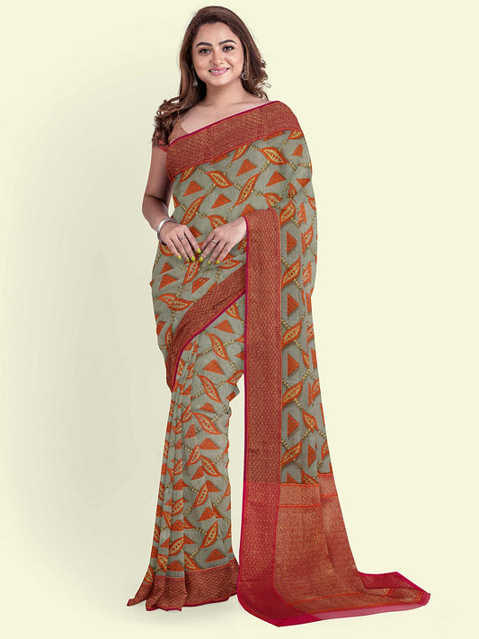 Faishana Presents Sea Green Abstarct Pattern With Red Border And Red Blouse Banarasi Saree