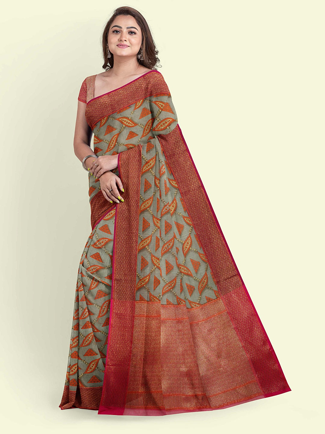 Faishana Presents Sea Green Abstarct Pattern With Red Border And Red Blouse Banarasi Saree