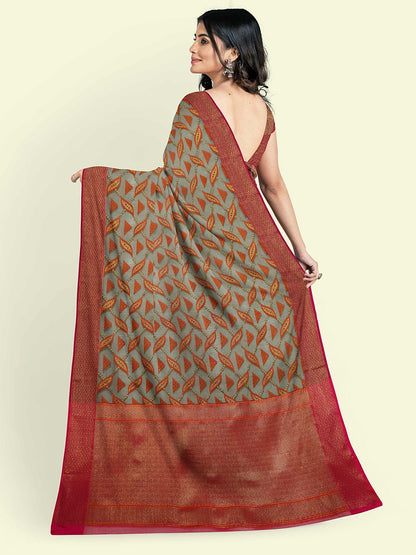 Faishana Presents Sea Green Abstarct Pattern With Red Border And Red Blouse Banarasi Saree
