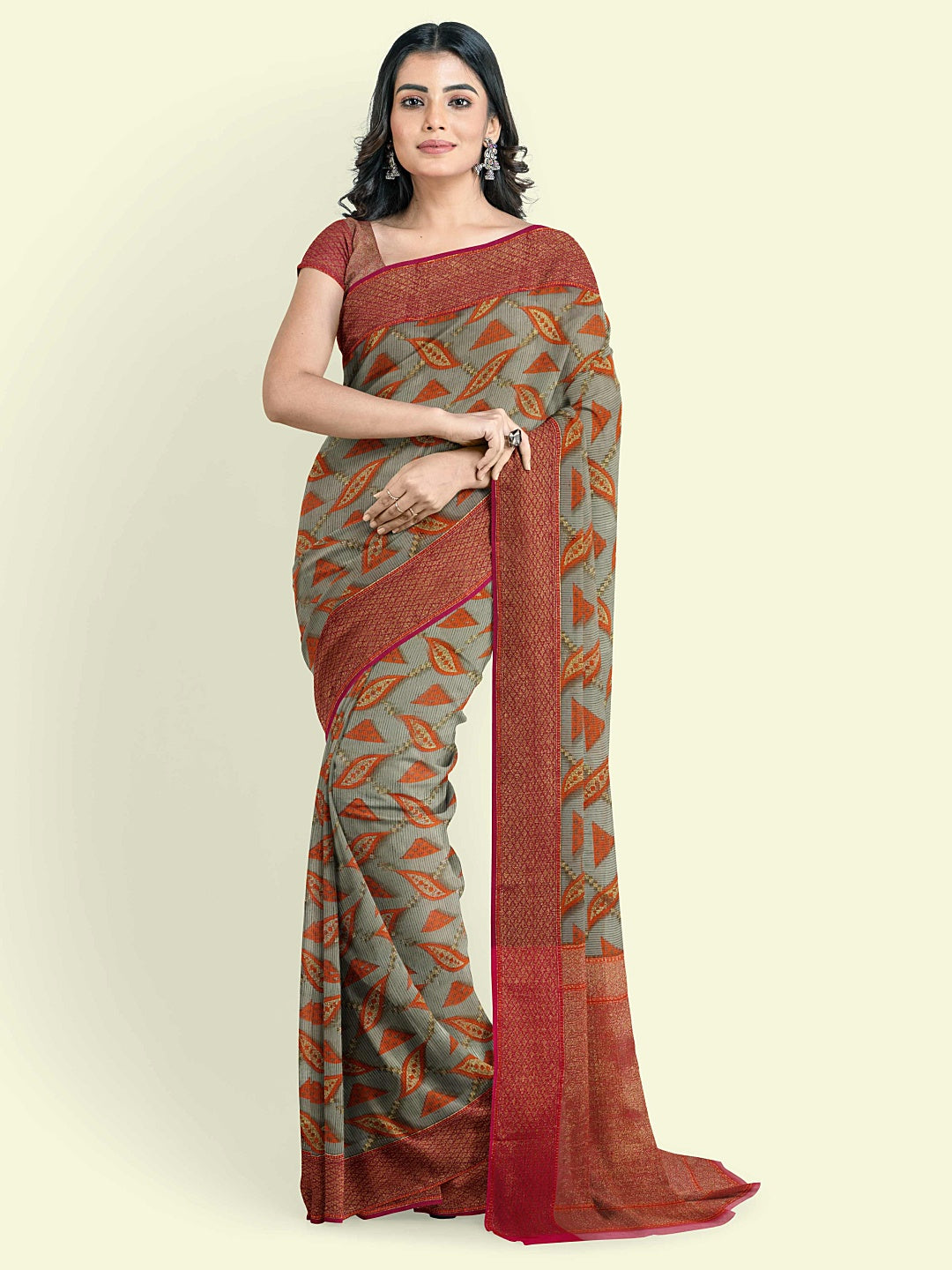 Faishana Presents Sea Green Abstarct Pattern With Red Border And Red Blouse Banarasi Saree
