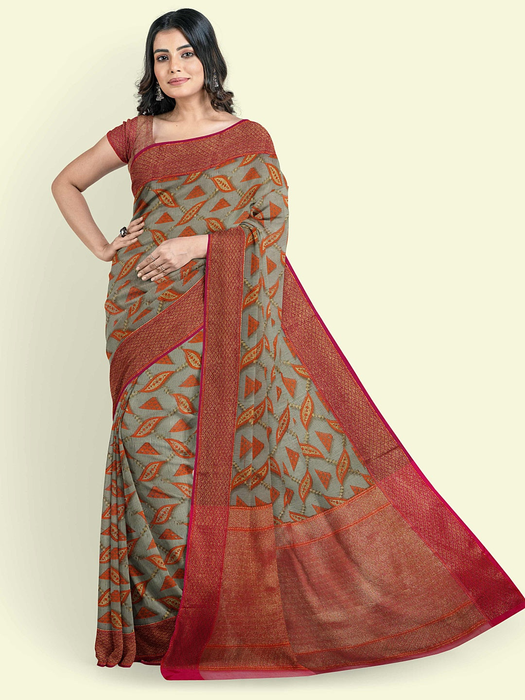 Faishana Presents Sea Green Abstarct Pattern With Red Border And Red Blouse Banarasi Saree