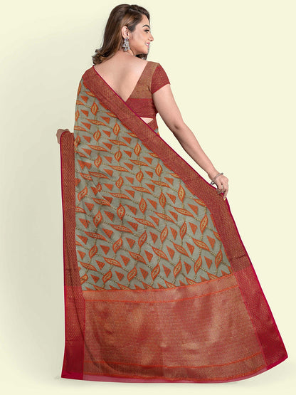 Faishana Presents Sea Green Abstarct Pattern With Red Border And Red Blouse Banarasi Saree