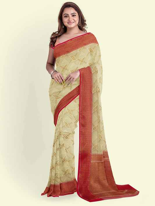 Faishana Presents Beige Abstarct Pattern With Pink Border And Pink Blouse Banarasi Saree